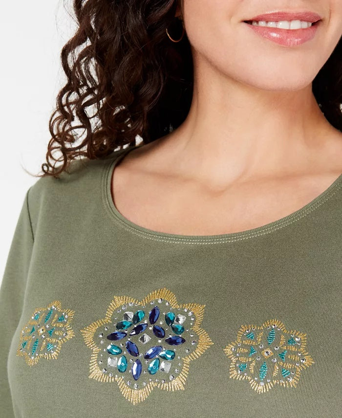 Karen Scott Women's Cotton Glitter Floral-Graphic Top Green Size Medium