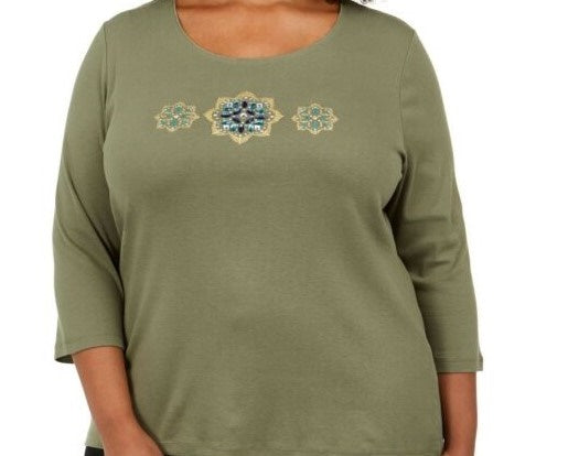 Karen Scott Women's Cotton Glitter Floral-Graphic Top Green Size Medium