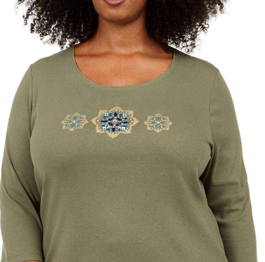 Karen Scott Women's Plus Size Cotton Sequined Graphic Top  Green Size Extra Large