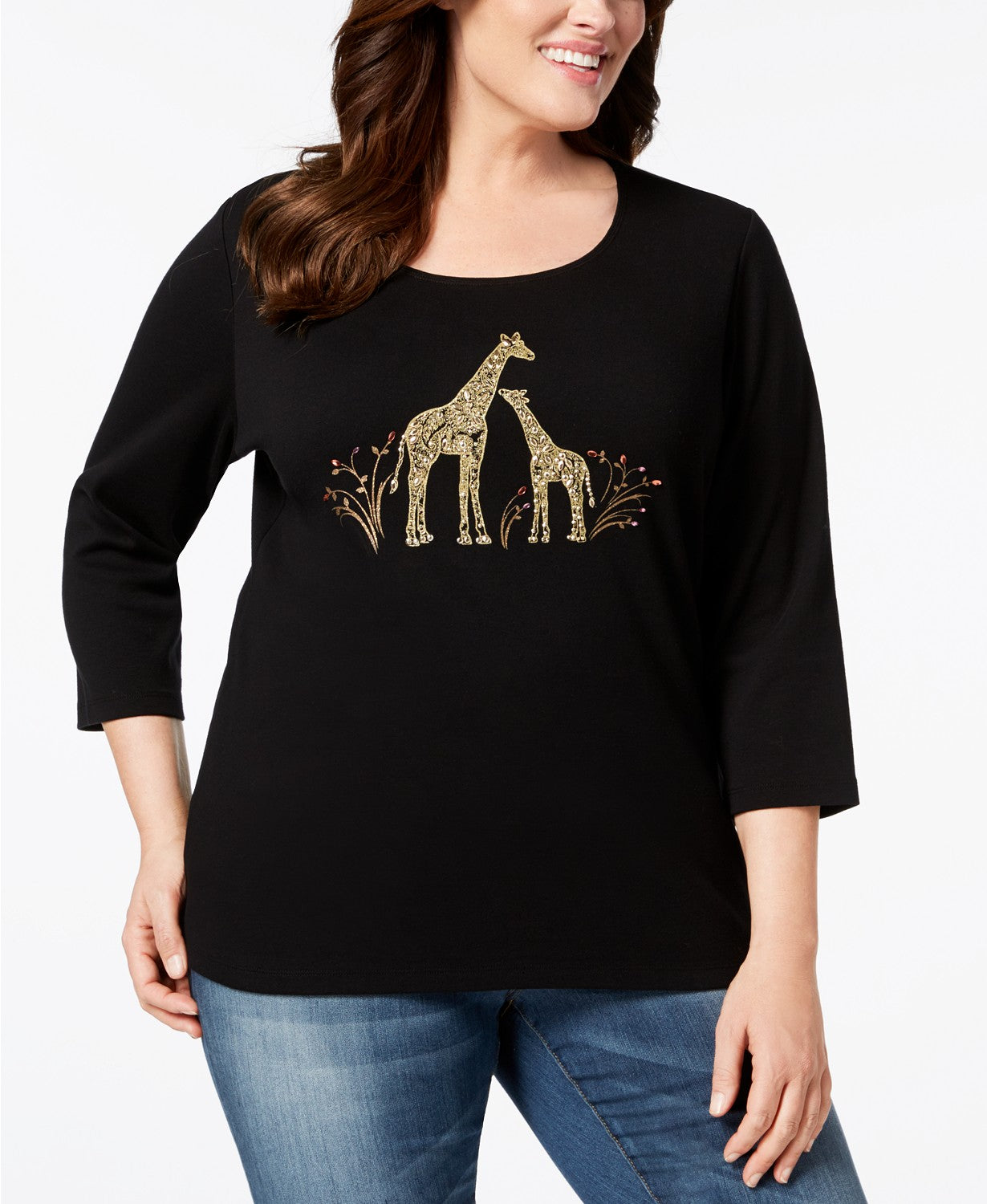 Karen Scott Women's Cotton Giraffe Pair T-Shirt Black Size Extra Large
