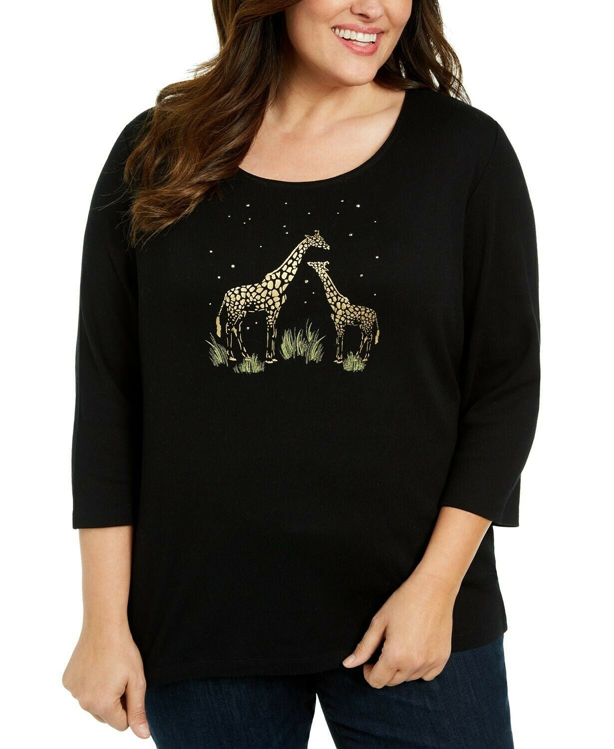 Karen Scott Women's Cotton Metallic Giraffe Top Black Size 0X