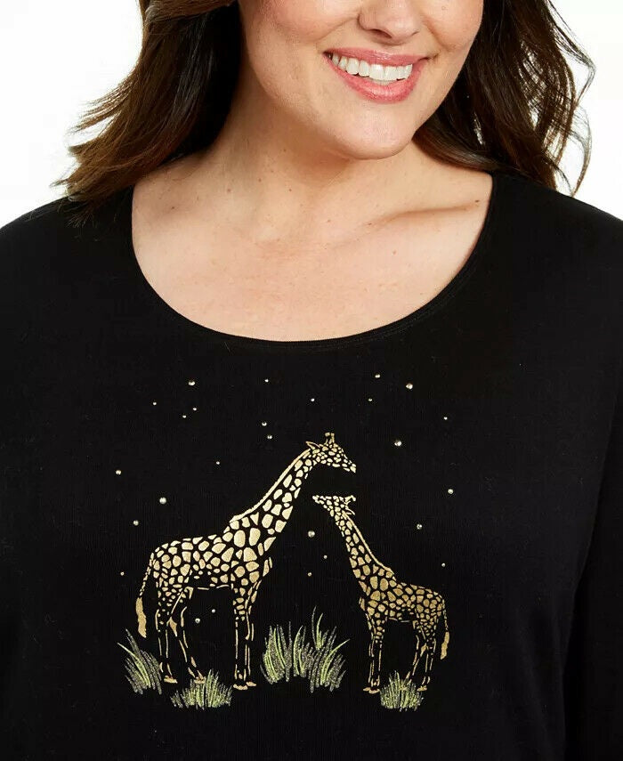 Karen Scott Women's Cotton Metallic Giraffe Top Black Size 0X