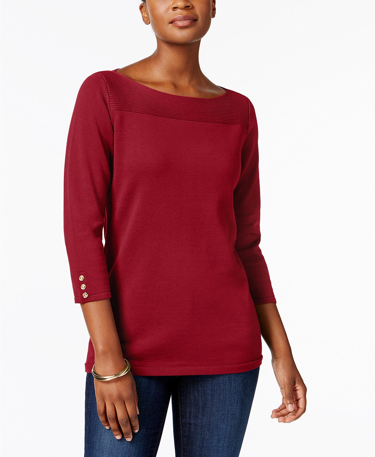 Karen Scott Women's Petite Cotton Button-Trim Sweater Red Size Medium