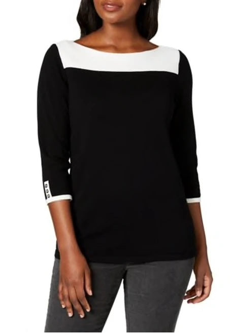 Karen Scott Women's Cotton Colorblocked Sweater Black Size Small