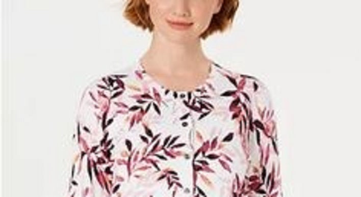 Karen Scott Women's Leaf-Print Cardigan White Size Medium