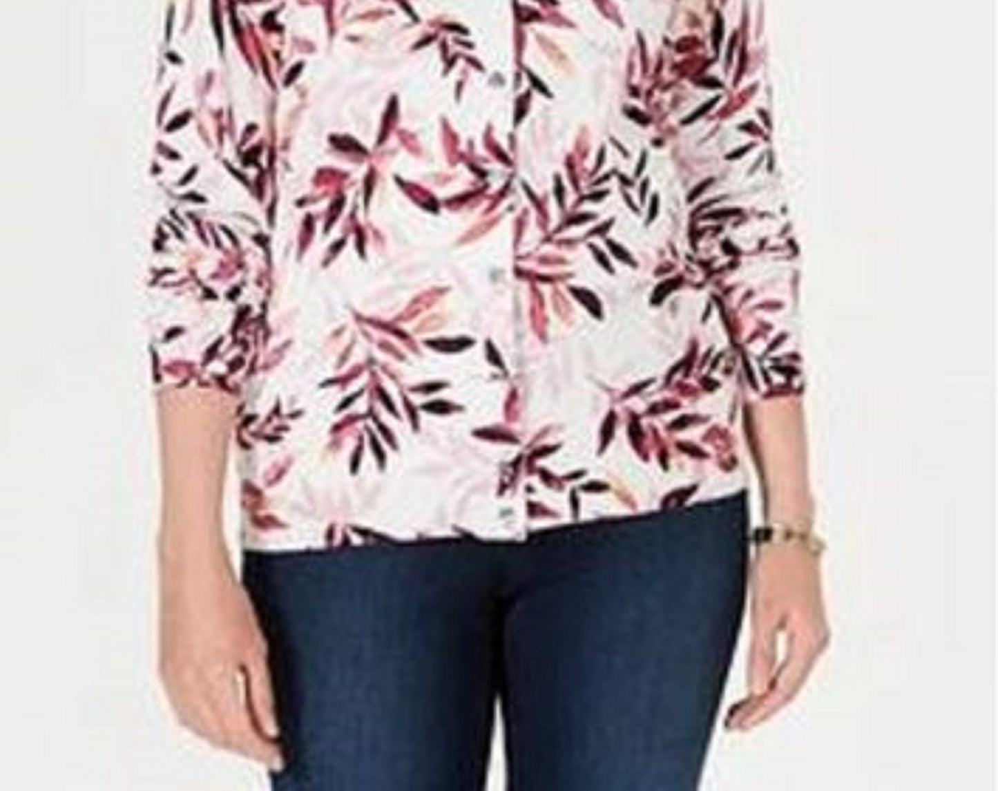 Karen Scott Women's Leaf-Print Cardigan White Size Small