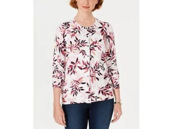 Karen Scott Women's Leaf-Print Cardigan White Size X-Large
