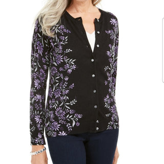 Karen Scott Women's Floral-Print Button-Up Cardigan Purple Size Small