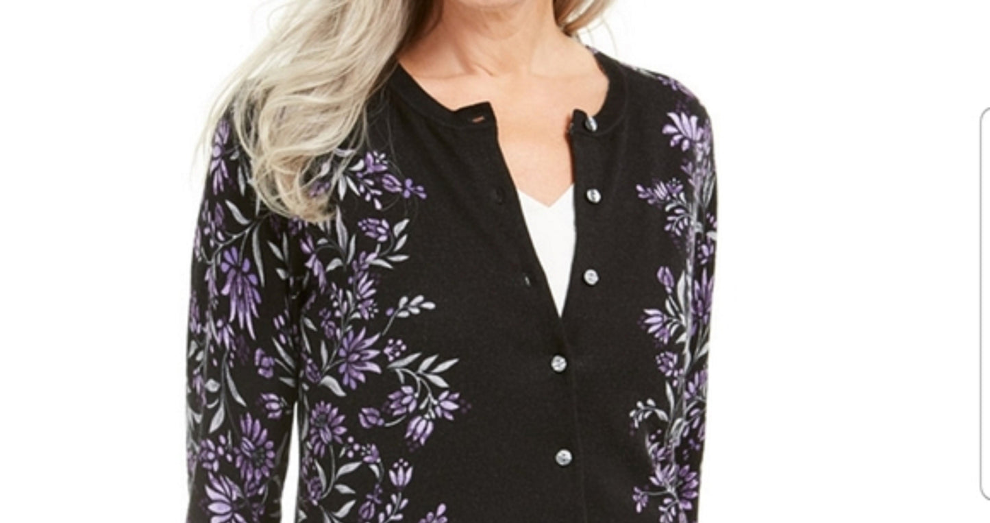 Karen Scott Women's Floral-Print Button-Up Cardigan Purple Size Small