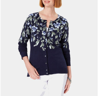 Karen Scott Women's Floral-Print Cardigan Blue Size Small