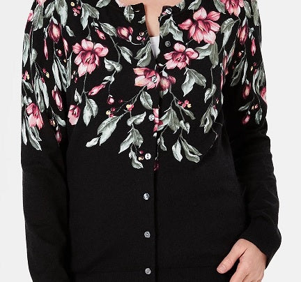 Karen Scott Women's Floral-Print Cardigan Black Size X-Small