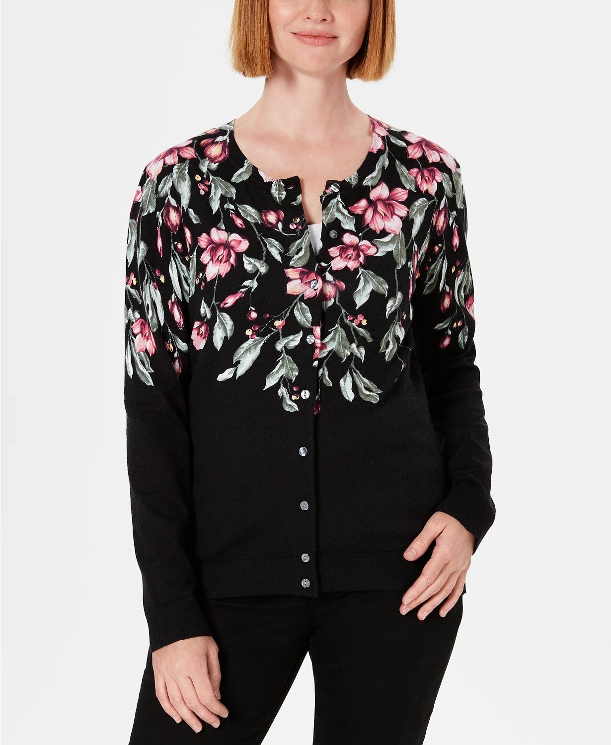 Karen Scott Women's Floral-Print Cardigan Black Size X-Small