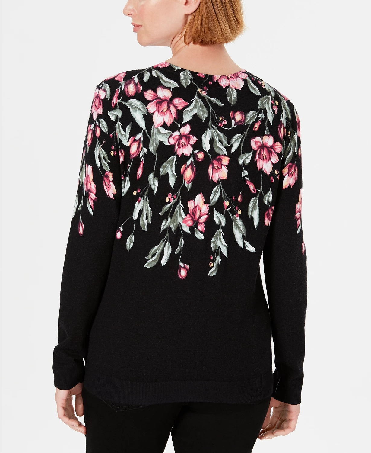 Karen Scott Women's Floral-Print Cardigan Black Size X-Small