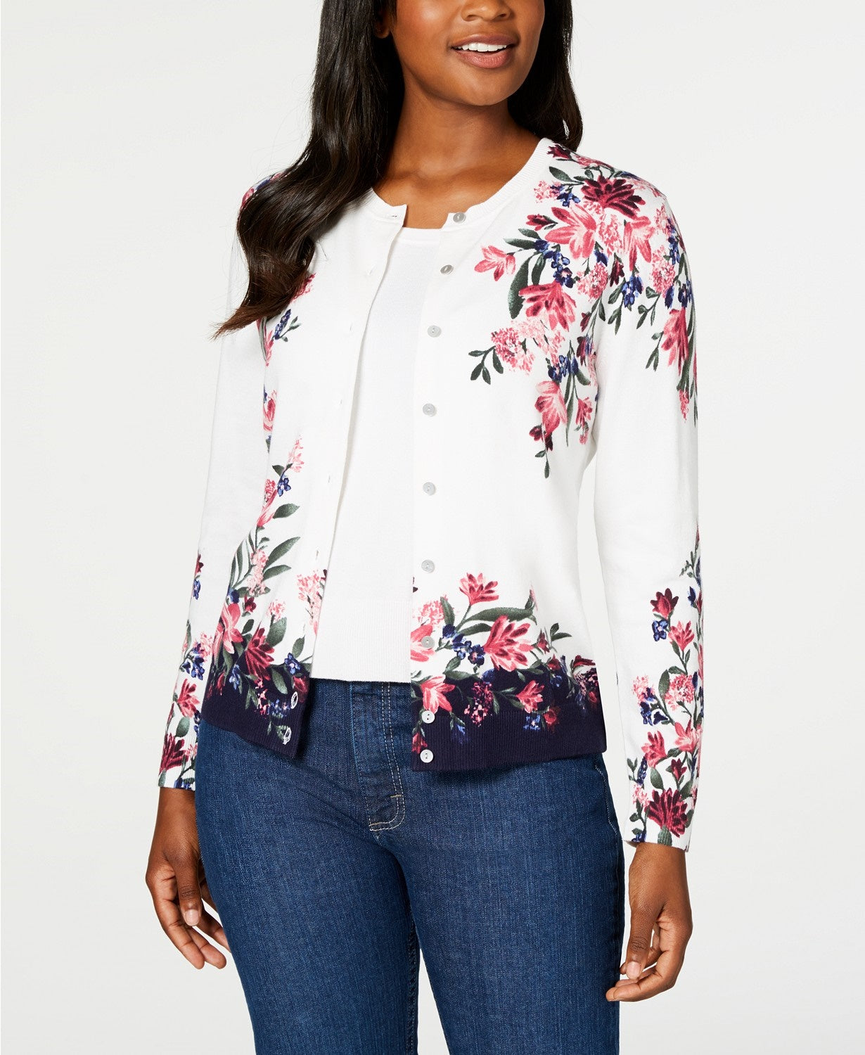 Karen Scott Women's Floral-Print Cardigan White Size Medium