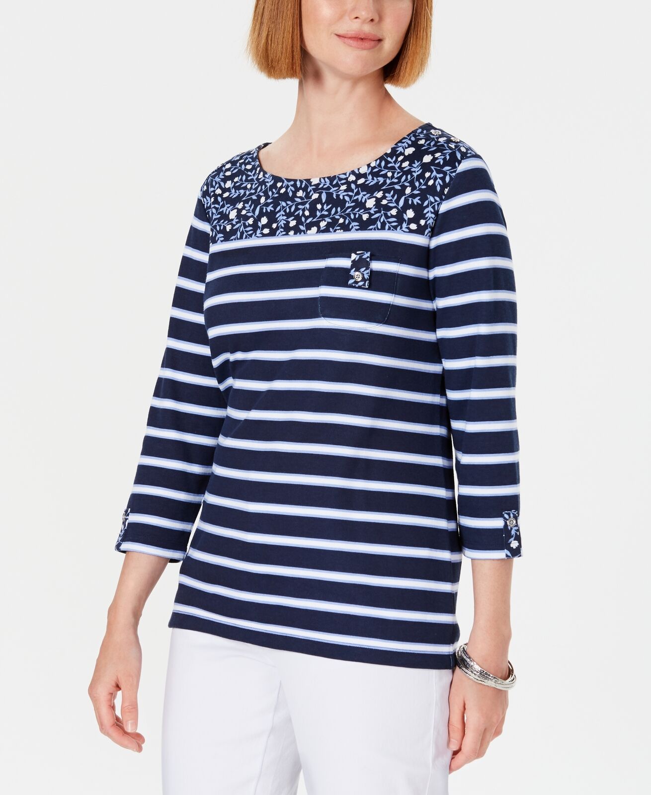 Karen Scott Women's Petite Ditsy Floral & Striped Pocket Top Navy Size Petite Medium