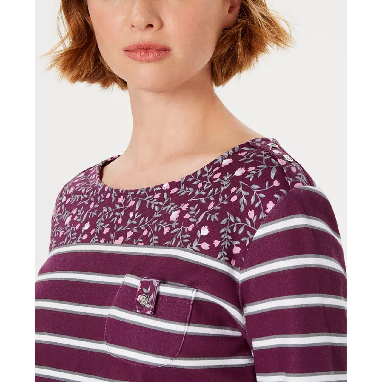 Karen Scott Women's Ditsy Floral & Striped Pocket Top Berry Size PXL