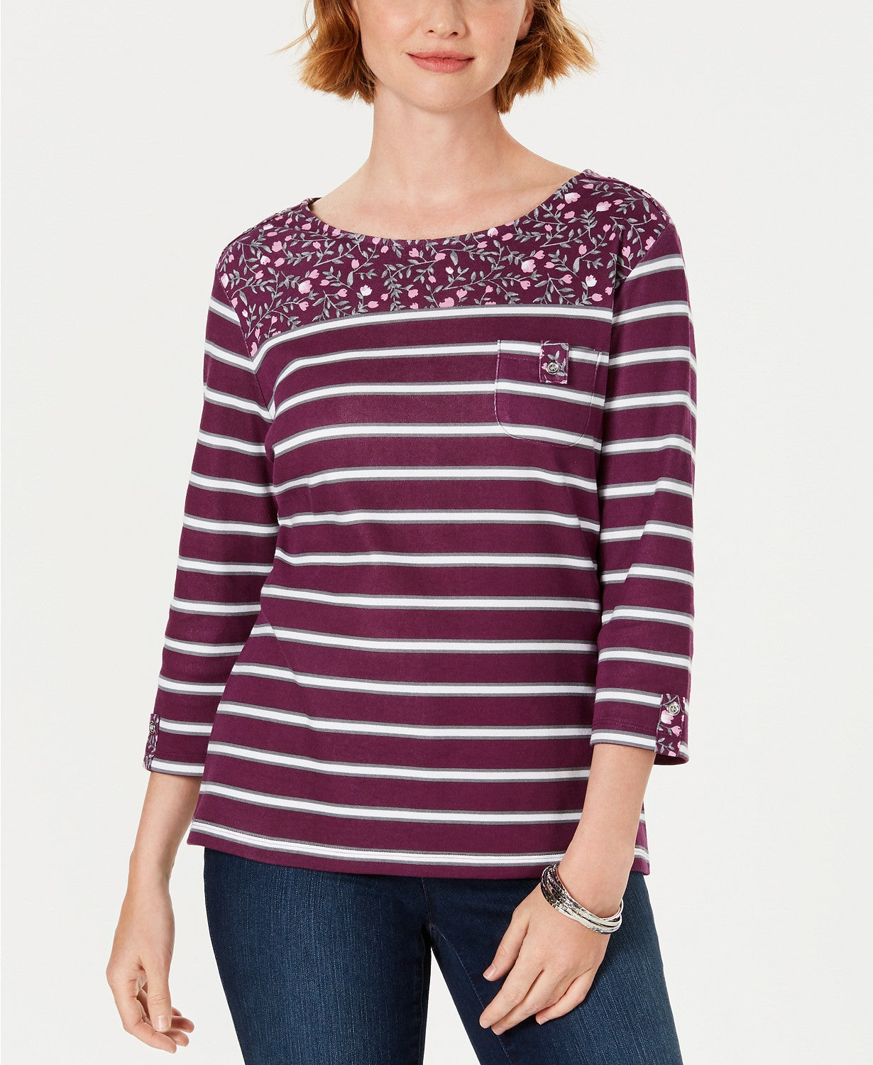 Karen Scott Women's Ditsy Floral & Striped Pocket Top Berry Size PXL