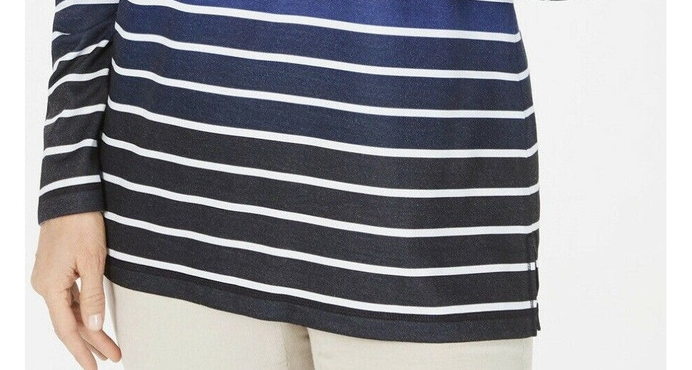 Karen Scott Women's Sport Ombre Striped Cowlneck Top Navy Size Large