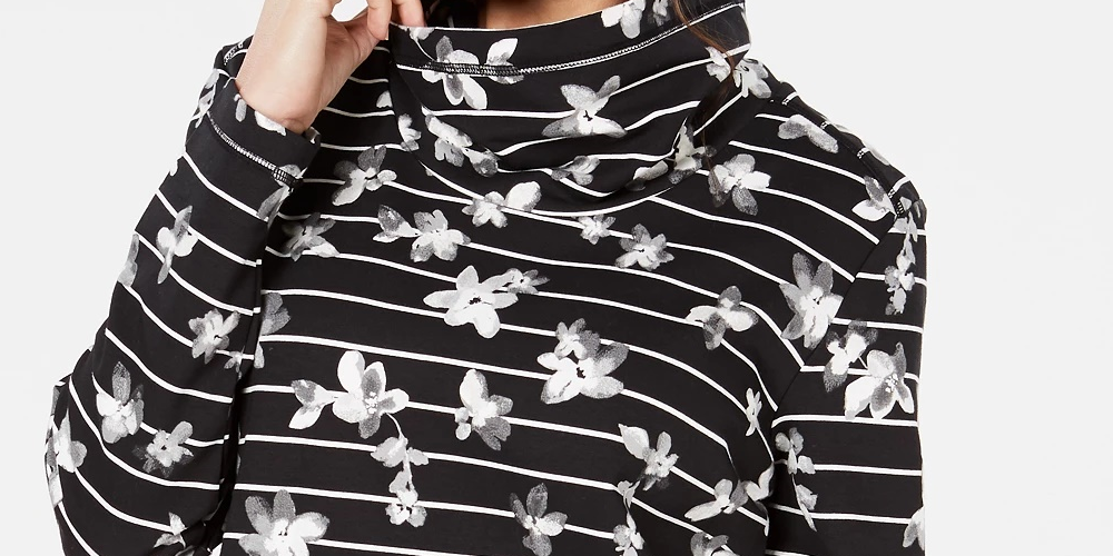 Karen Scott Women's Sport Printed Funnel Neck Top Black Size Large