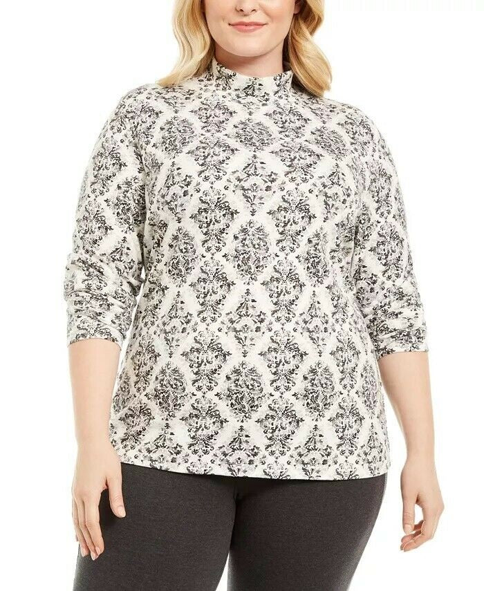 Karen Scott Women's Plus Size Printed Mock-Neck Top Gray Size 1X