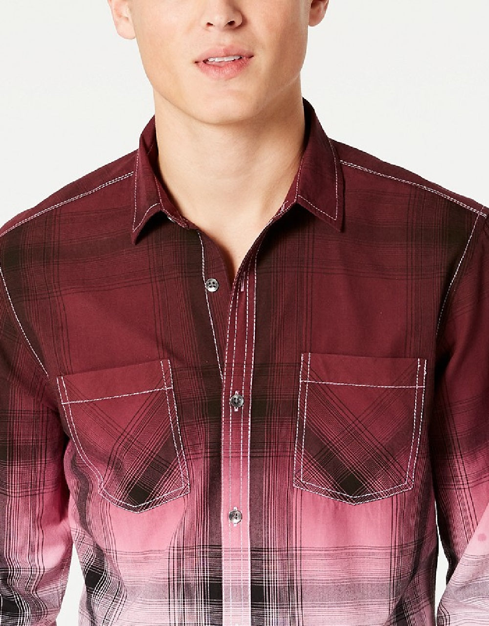 INC International Concepts Men's Regular-Fit Dip-Dyed Plaid Shirt Brown Size XXX Large