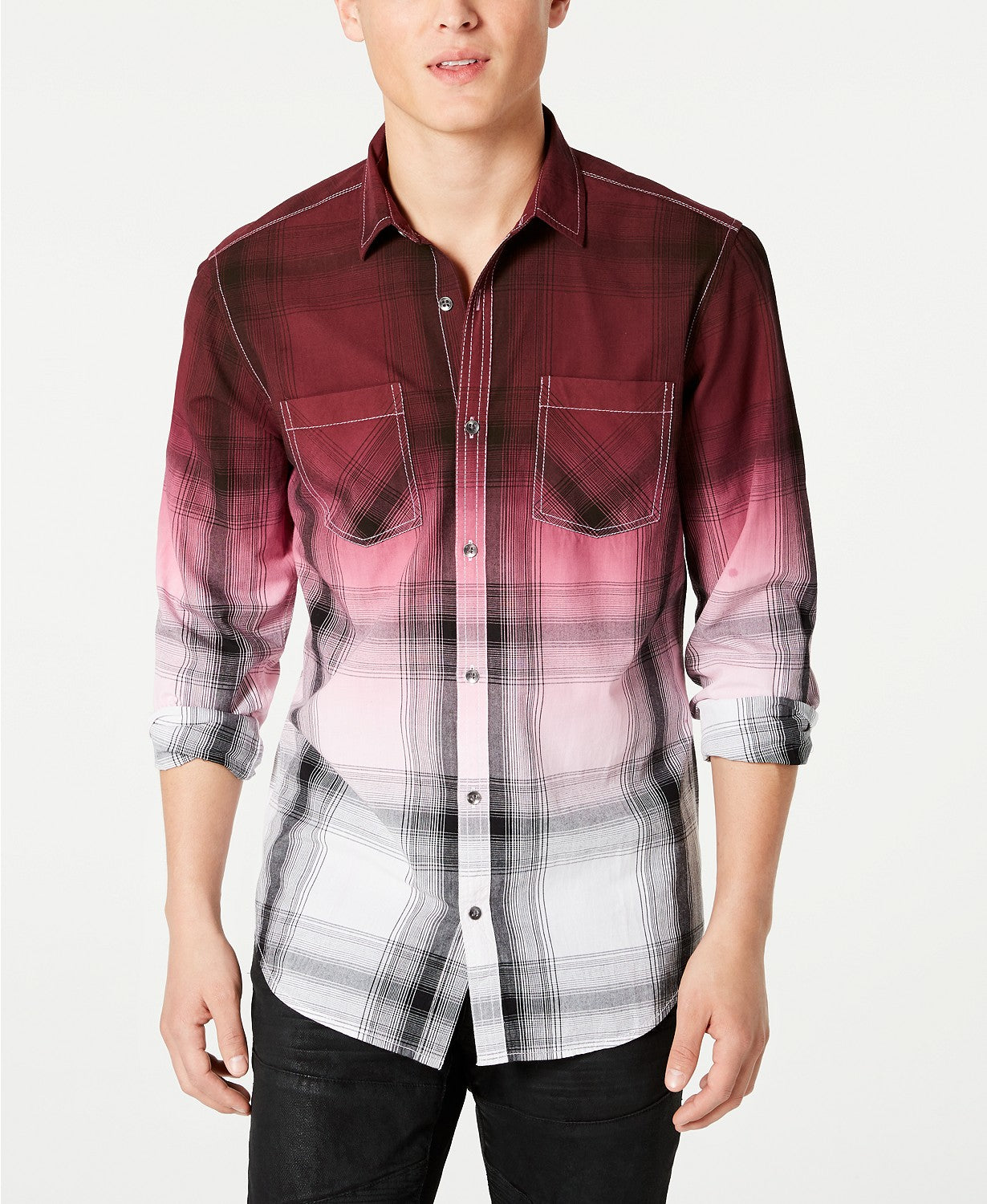 INC International Concepts Men's Regular-Fit Dip-Dyed Plaid Shirt Brown Size XXX Large