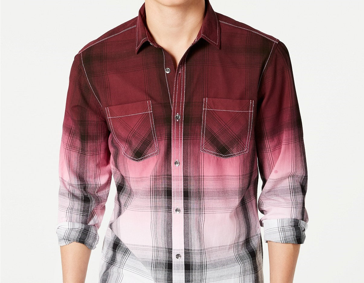 INC International Concepts Men's Regular-Fit Dip-Dyed Plaid Shirt Brown Size XXX Large