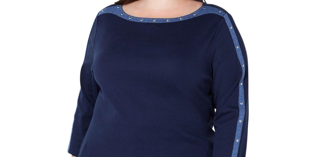 Karen Scott Women's Stud-Trim 3/4-Sleeve Top  Blue Size Large