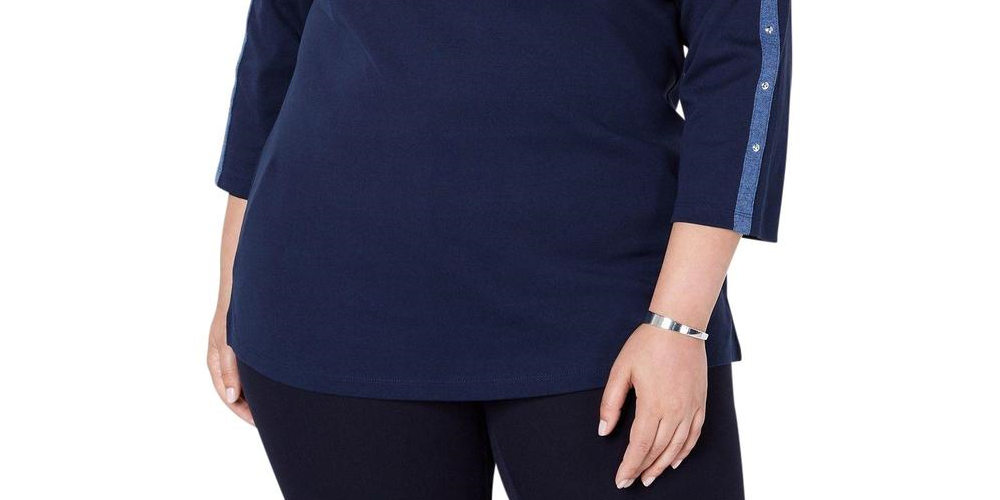 Karen Scott Women's Stud-Trim 3/4-Sleeve Top  Blue Size Large