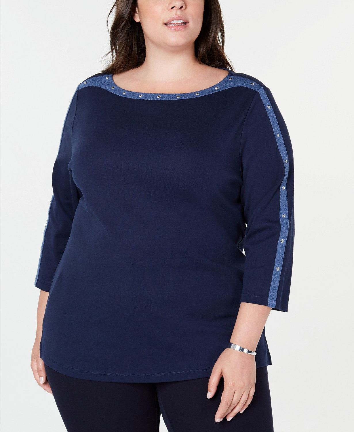 Karen Scott Women's Plus Size Cotton Studded Boat-Neck Top Blue Size 2 Extra Large