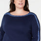 Karen Scott Women's Plus Size Cotton Studded Boat-Neck Top Blue Size 2 Extra Large