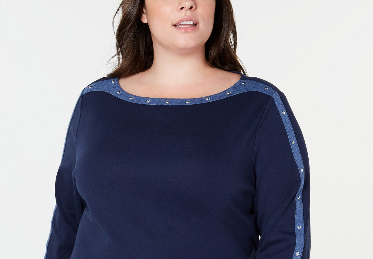Karen Scott Women's Plus Size Cotton Studded Boat-Neck Top Blue Size 2 Extra Large