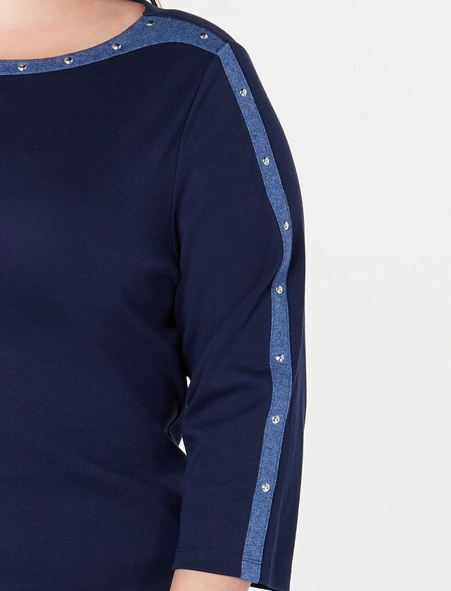 Karen Scott Women's Plus Size Cotton Studded Boat-Neck Top Blue Size 2 Extra Large