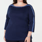 Karen Scott Women's Plus Size Cotton Studded Boat-Neck Top Blue Size OX