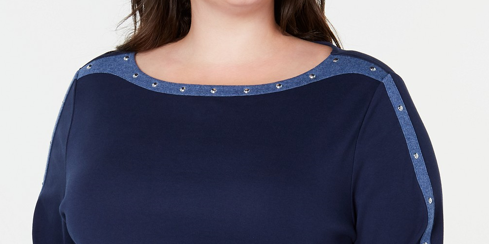 Karen Scott Women's Plus Size Cotton Studded Boat-Neck Top Blue Size OX
