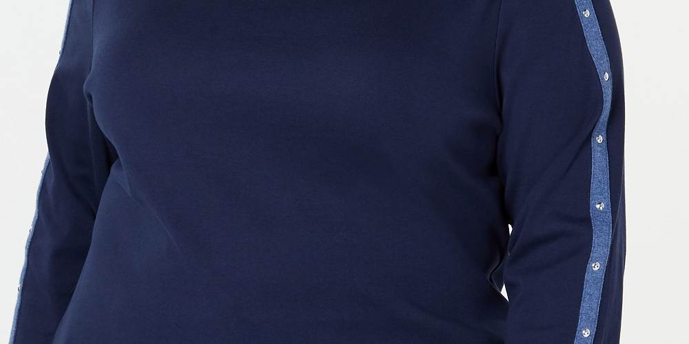 Karen Scott Women's Plus Size Cotton Studded Boat-Neck Top Blue Size OX