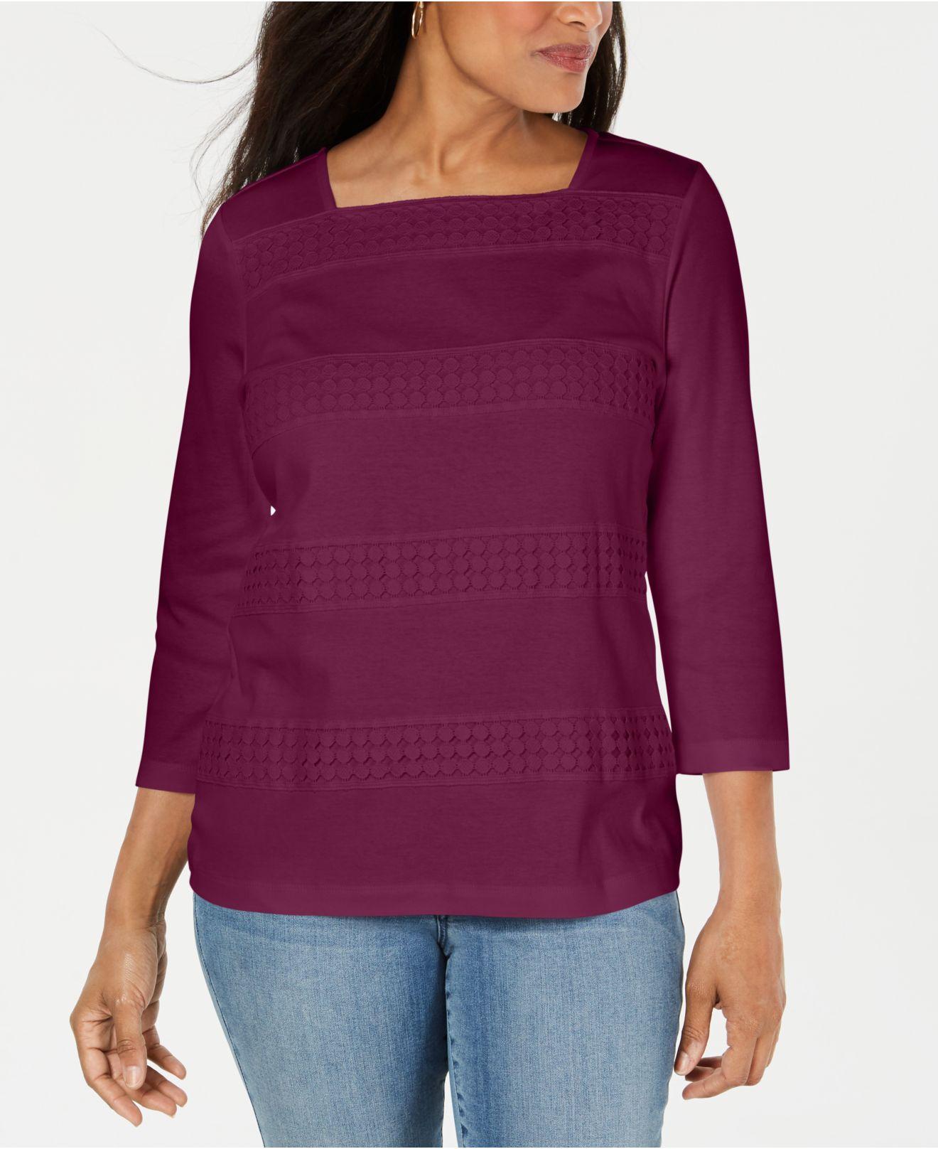 Karen Scott Women's Square-Neck Lace-Stripe Top Red Size Medium