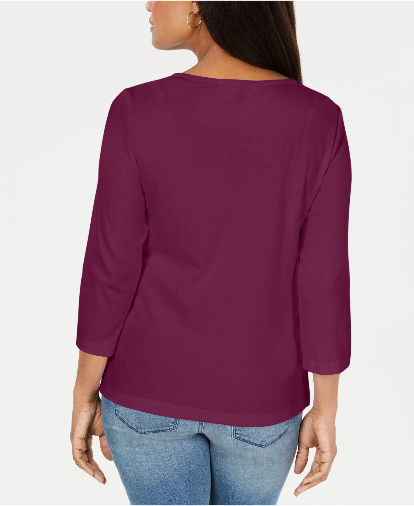 Karen Scott Women's Square-Neck Lace-Stripe Top Red Size Small