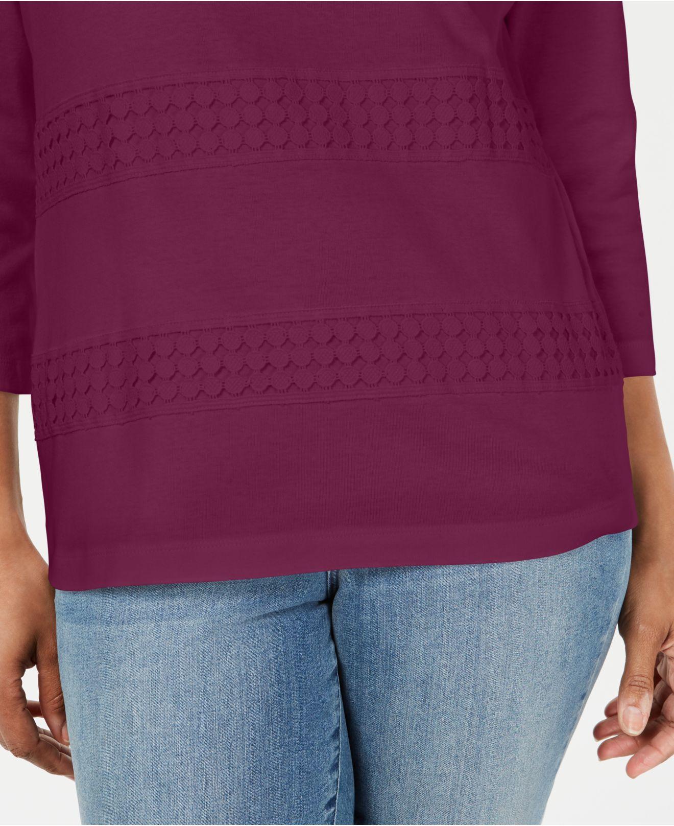 Karen Scott Women's Square-Neck Lace-Stripe Top Red Size Small