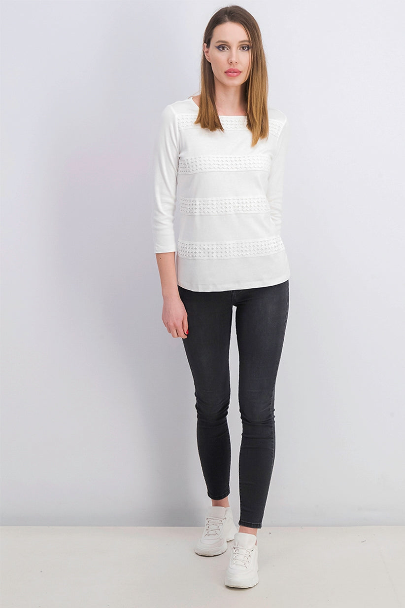 Karen Scott Women's Square-Neck Lace-Stripe Top White Size Extra Small