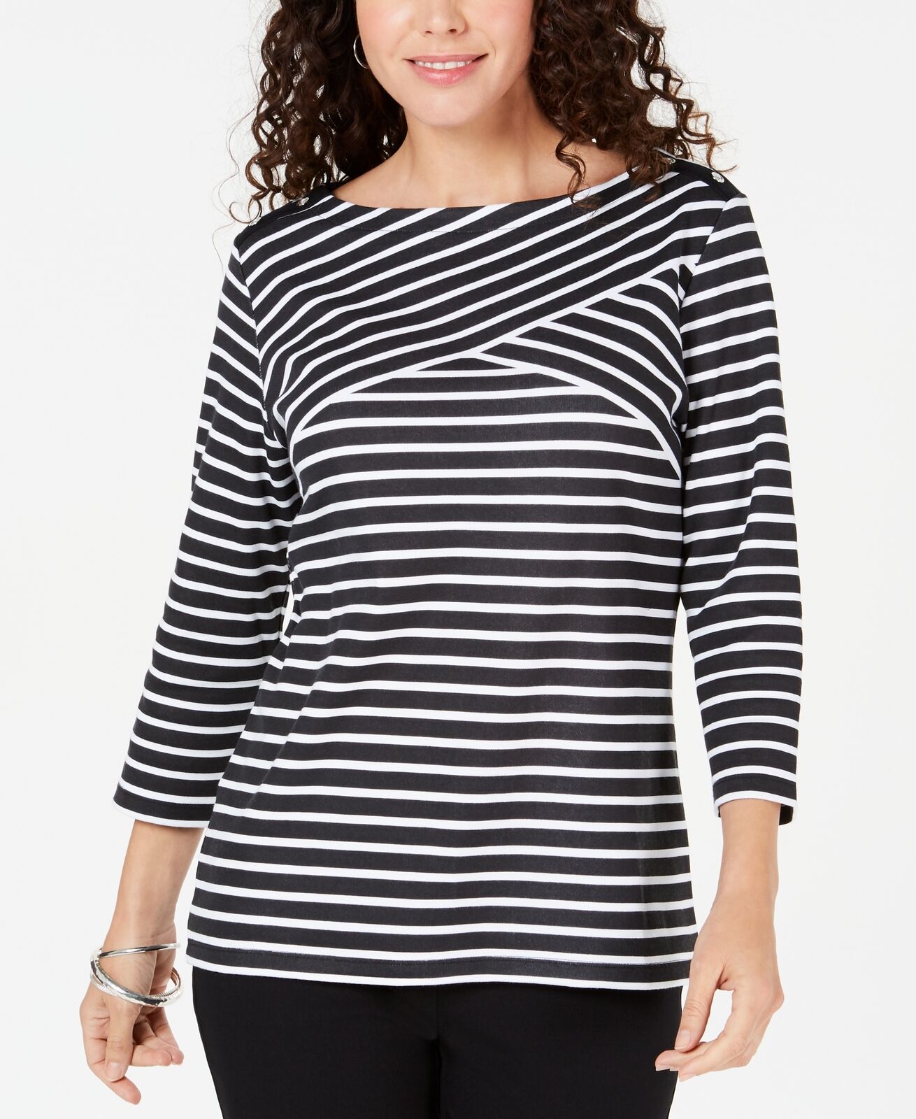 Karen Scott Women's Petite Striped Crossover Top Black Size Petite