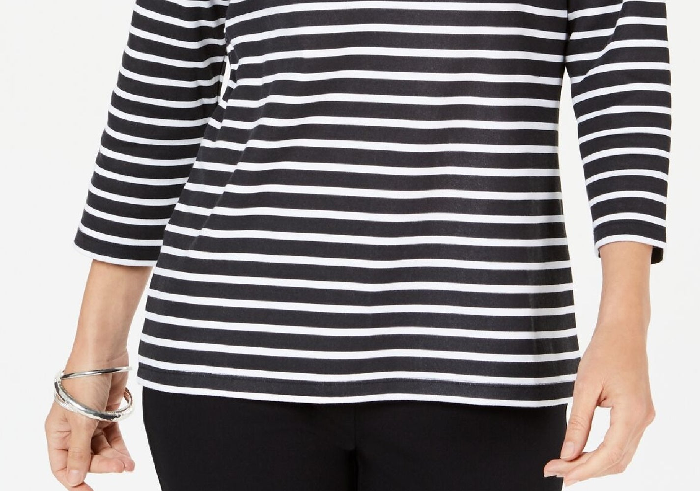 Karen Scott Women's Petite Striped Crossover Top Black Size Petite