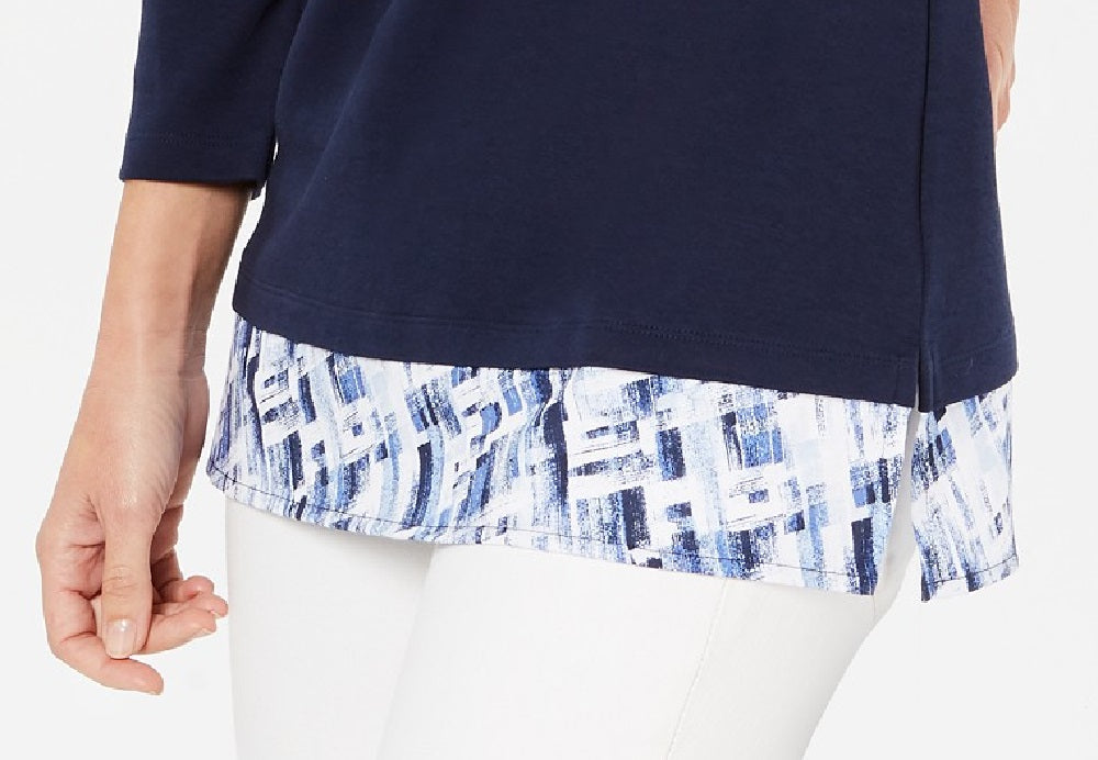 Karen Scott Women's Layered-Look Solid & Plaid Top Navy Size Small