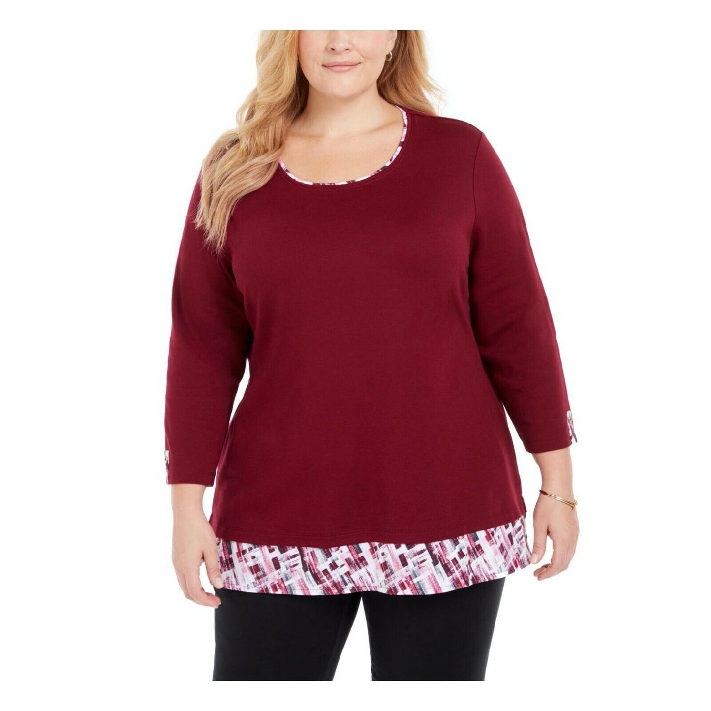 Karen Scott Women's Layered-Look Solid & Plaid Top Red Size Large