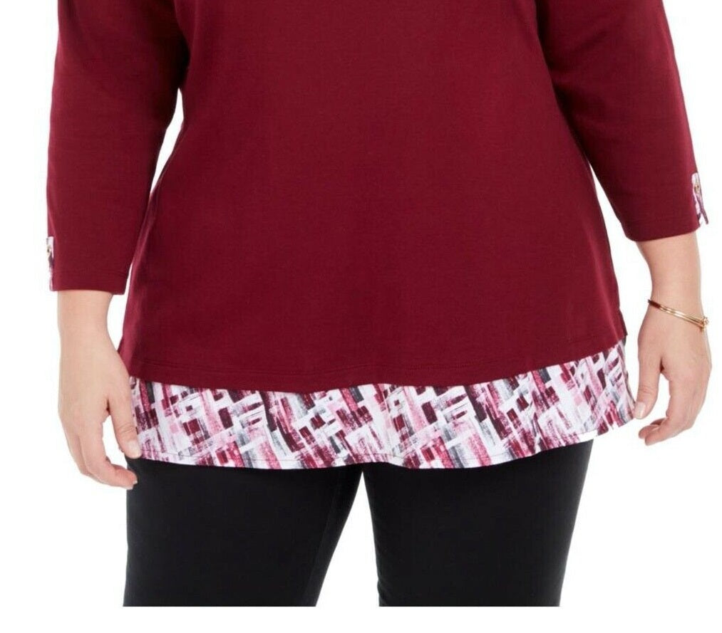 Karen Scott Women's Layered-Look Solid & Plaid Top Red Size Large