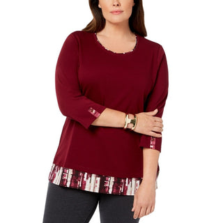 Karen Scott Women's Layered-Look Solid & Plaid Top Red Size Medium