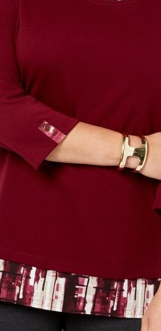 Karen Scott Women's Layered-Look Solid & Plaid Top Red Size Medium