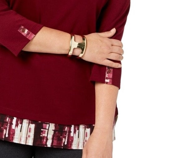 Karen Scott Women's Layered-Look Solid & Plaid Top Red Size Small