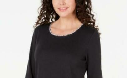 Karen Scott Women's Printed-Hem 3/4-Sleeve Top Black Size Small