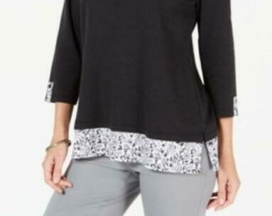 Karen Scott Women's Printed-Hem 3/4-Sleeve Top Black Size Small